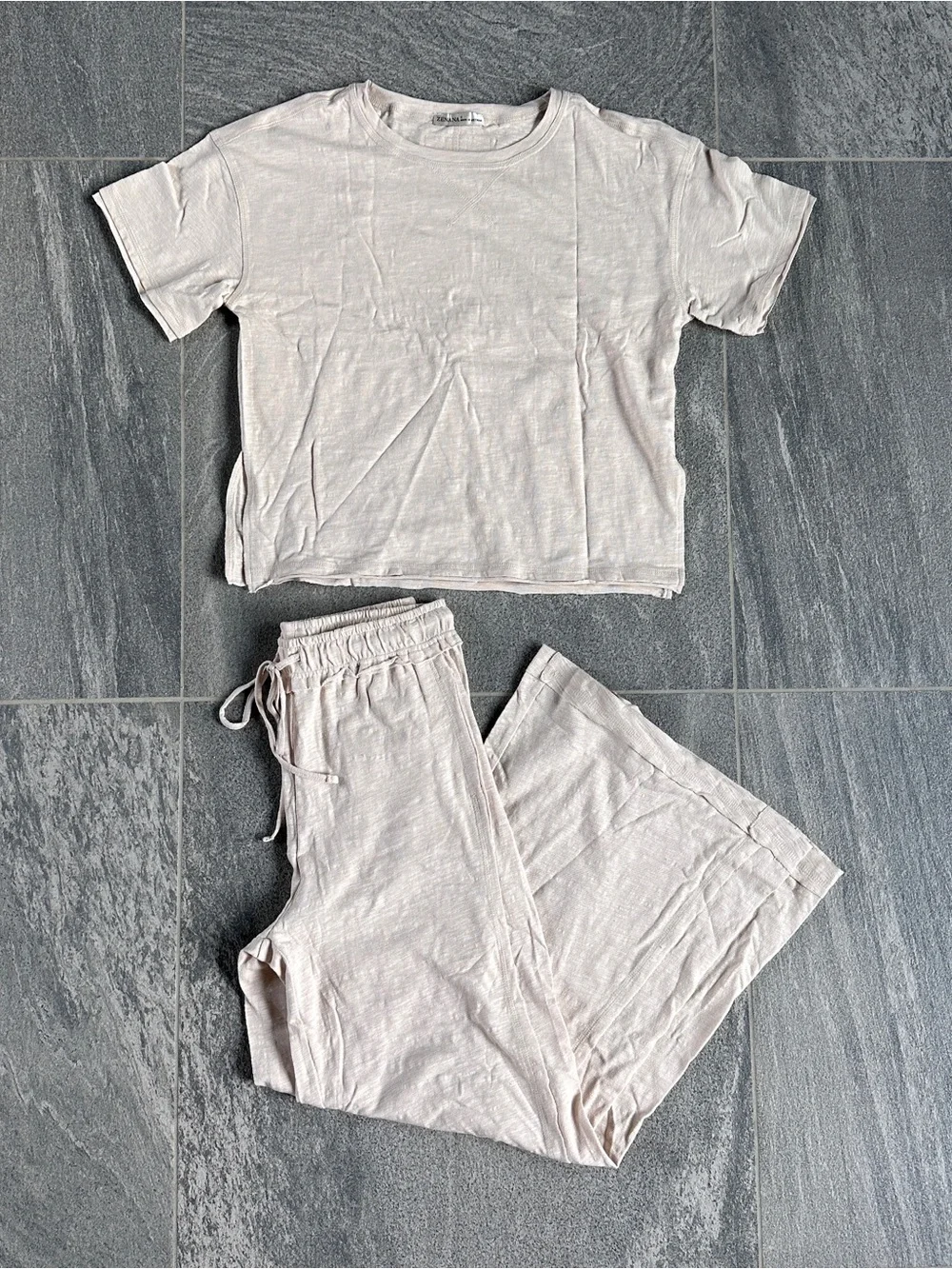 NEW Zenana 100% Cotton Relaxed Slub Short-Sleeved Top Pants Set Beige CSTP-3478 - Picture 6 of 16